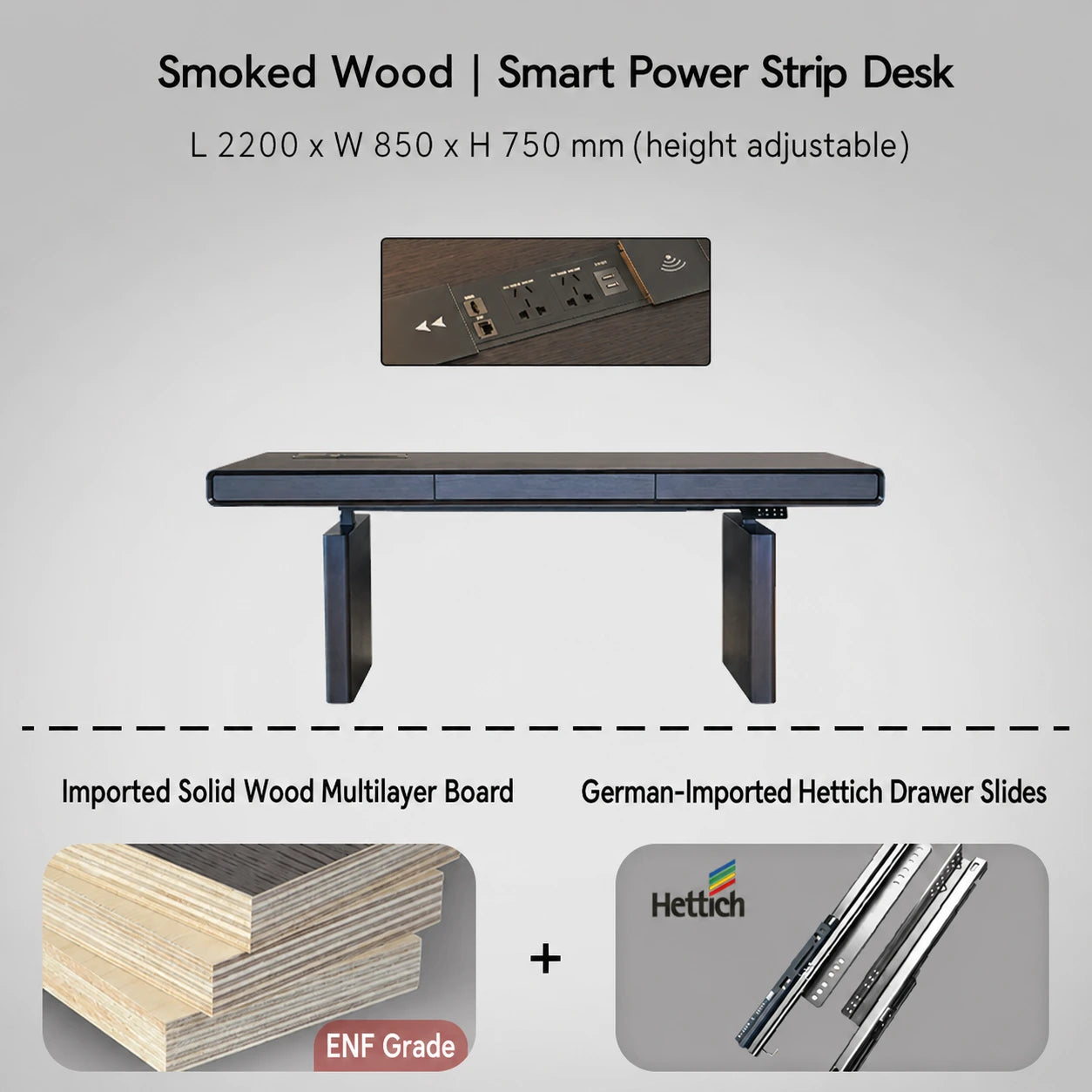smoked wood electric standing desk with power strip 2200 x 850 x 750 mm