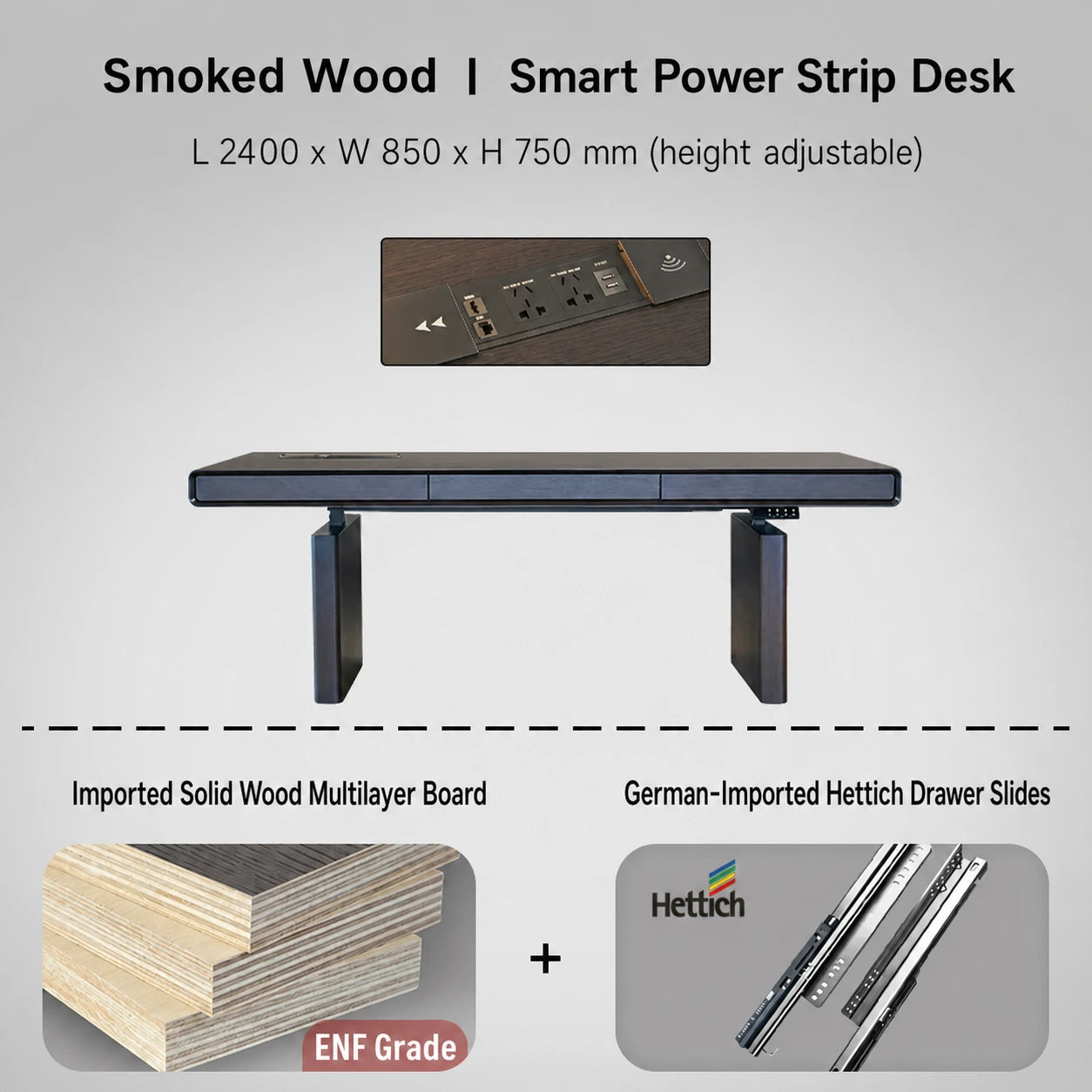 smoked wood electric standing desk with power strip 2400 x 850 x 750 mm