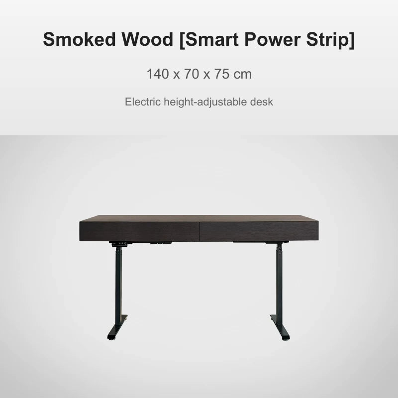 smoked wood electric standing desk with power strip 140 x 70 x 75 cm