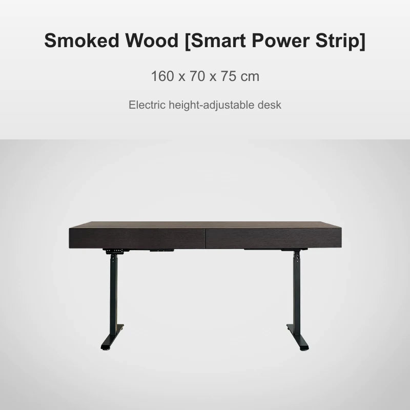 smoked wood electric standing desk with power strip 160 x 70 x 75 cm