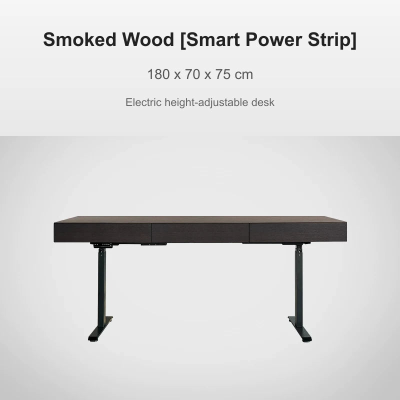 smoked wood electric standing desk with power strip 180 x 70 x 75 cm
