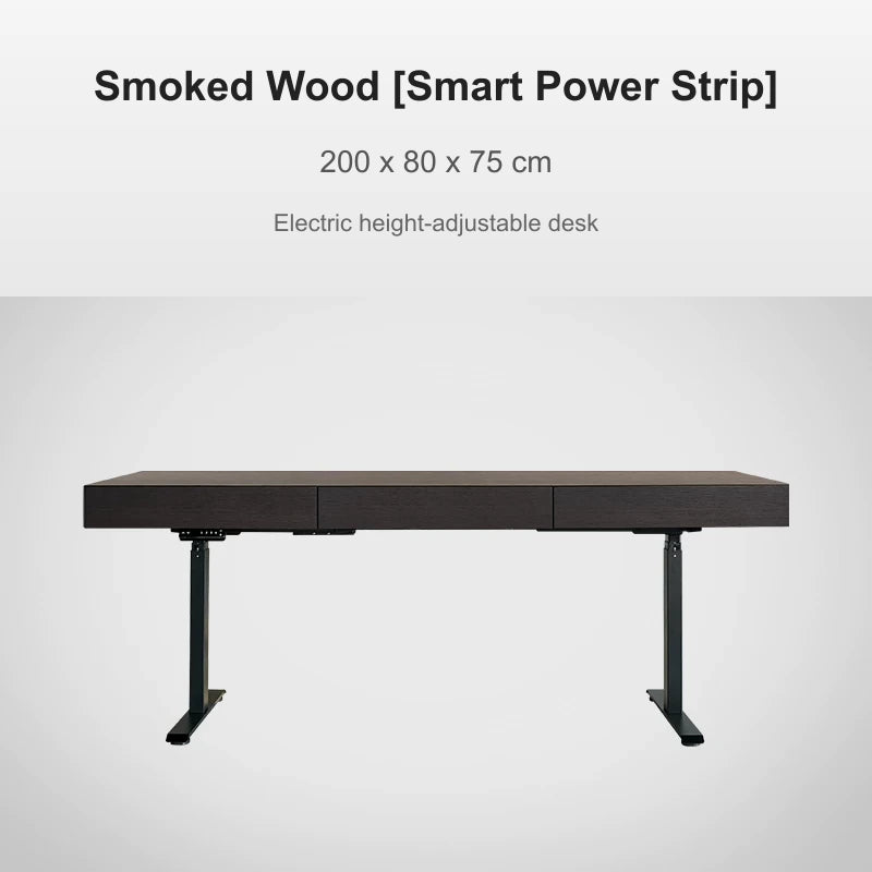 smoked wood electric standing desk with power strip 200 x 80 x 75 cm