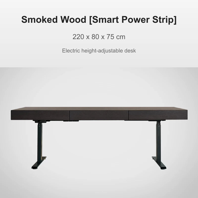 smoked wood electric standing desk with power strip 220 x 80 x 75 cm