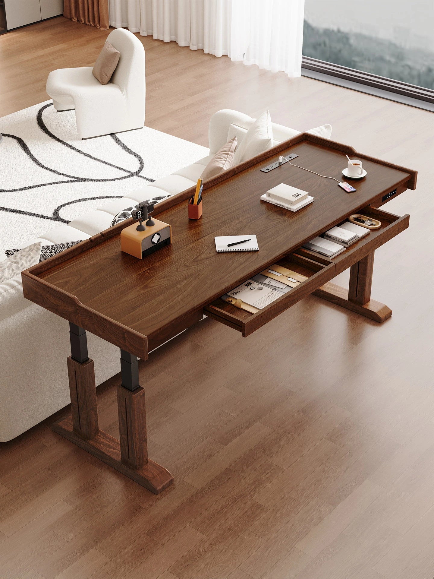 Height-adjustable solid wood desk with drawers in a home office