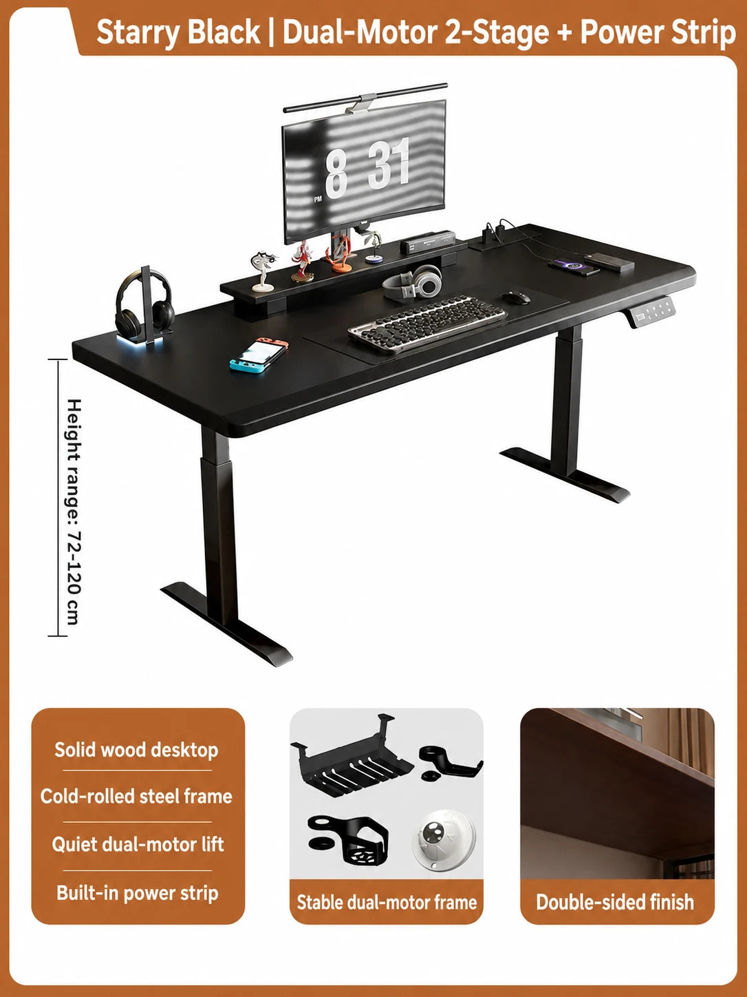 Starry black dual-motor two-stage standing desk with built-in power strip