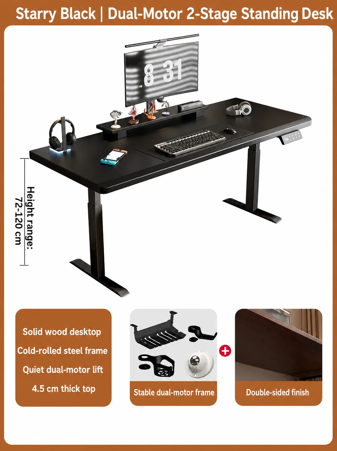 Starry black solid wood dual-motor two-stage electric standing desk