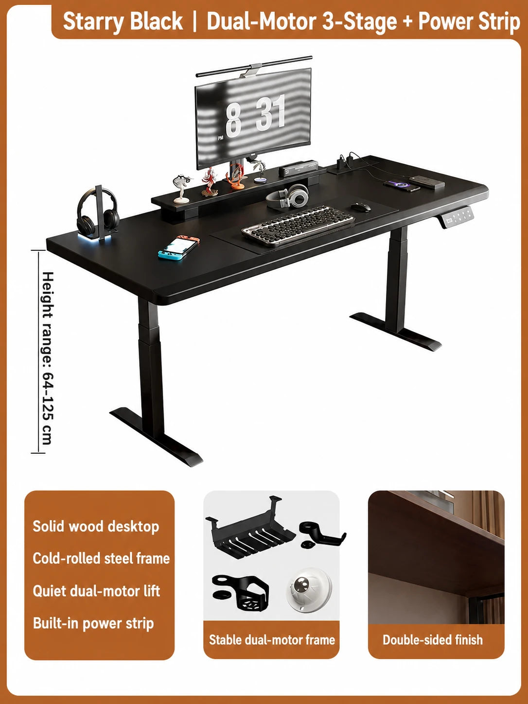 Starry black dual-motor three-stage standing desk with built-in power strip