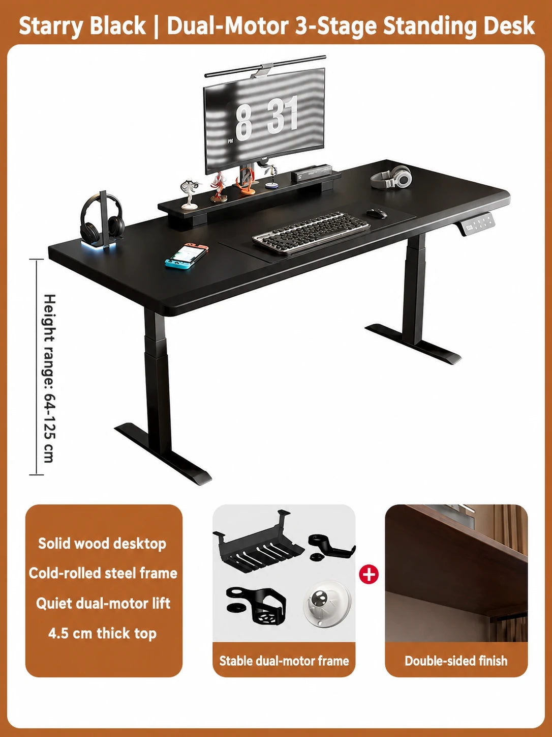 Starry black solid wood dual-motor three-stage electric standing desk