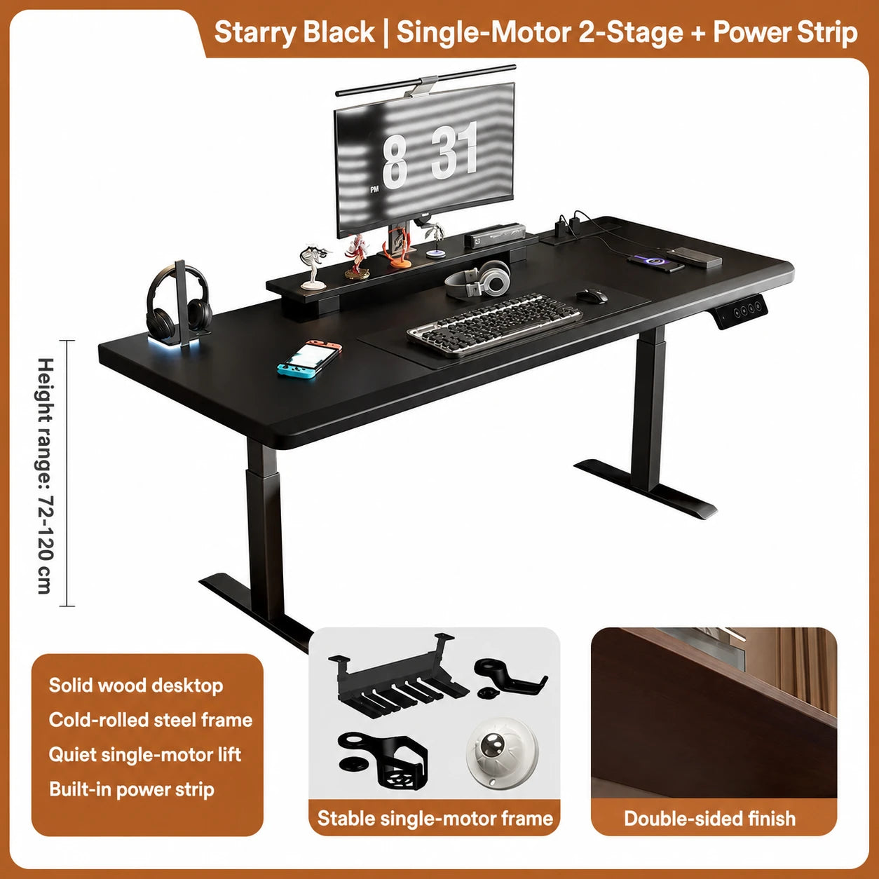 Starry black single-motor two-stage standing desk with built-in power strip