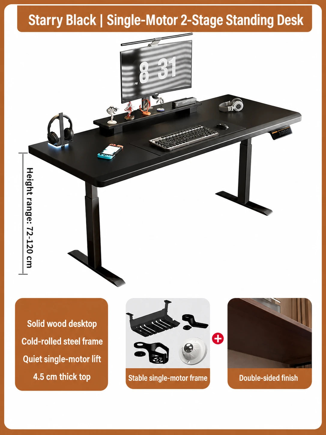 Starry black solid wood single-motor two-stage electric standing desk