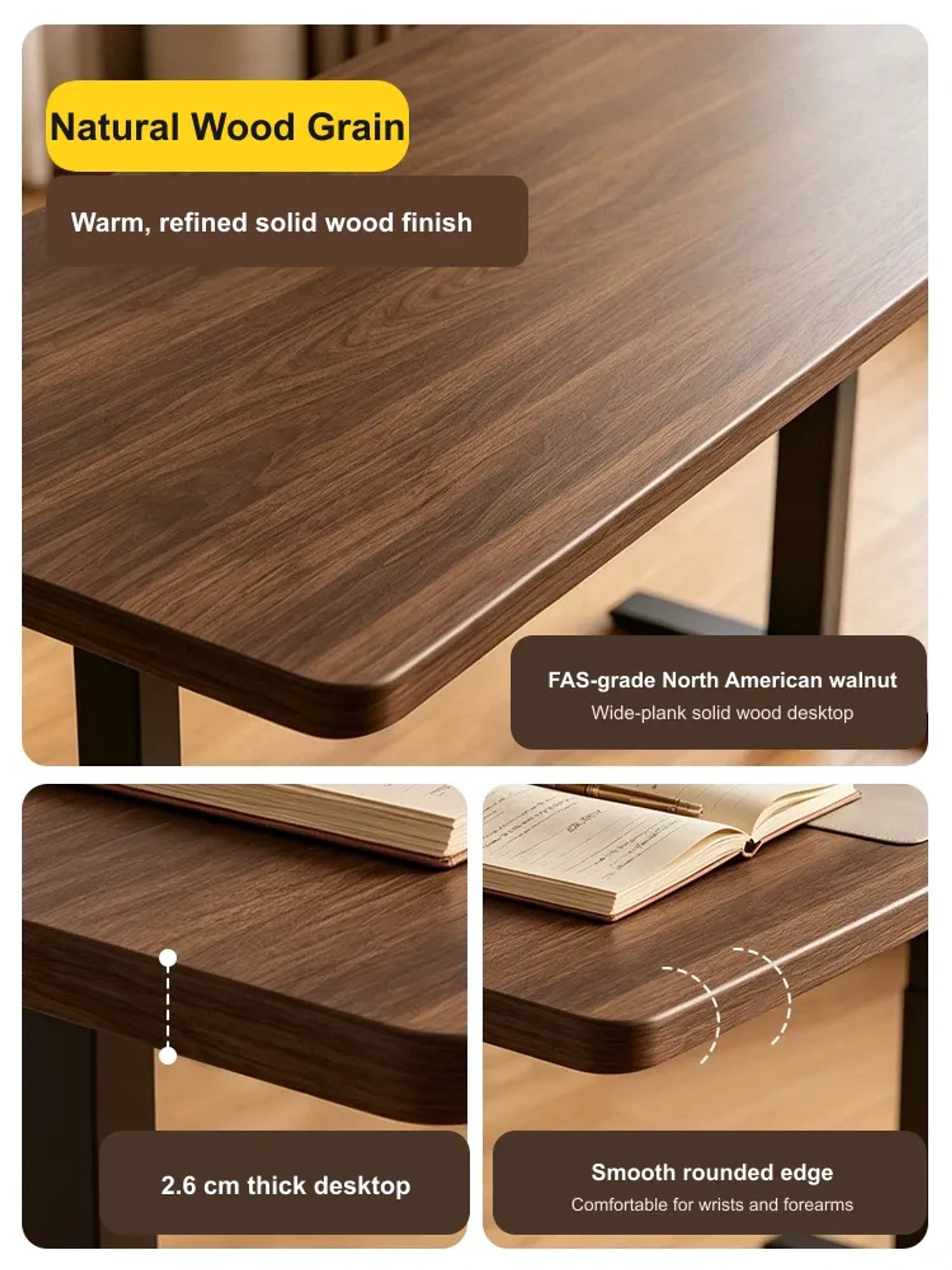 Close-up of natural solid wood standing desk grain, rounded edge and desktop thickness