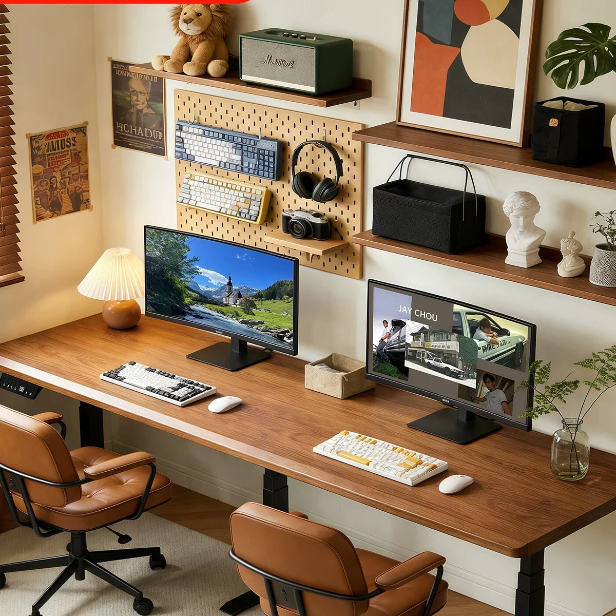 Three-motor two-person solid wood electric standing desk in a shared home office