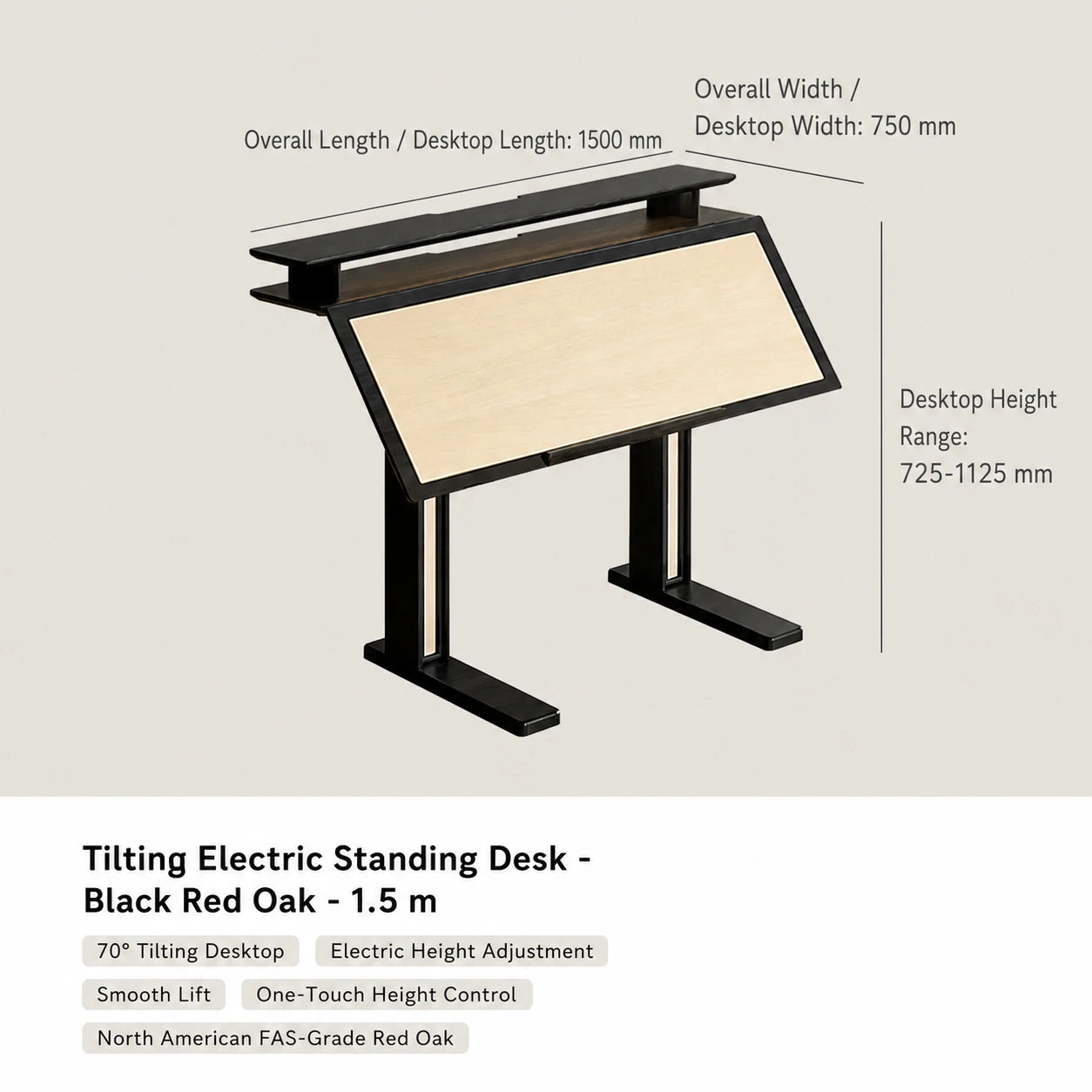 black red oak electric standing desk with 70 degree tilting desktop and monitor shelf