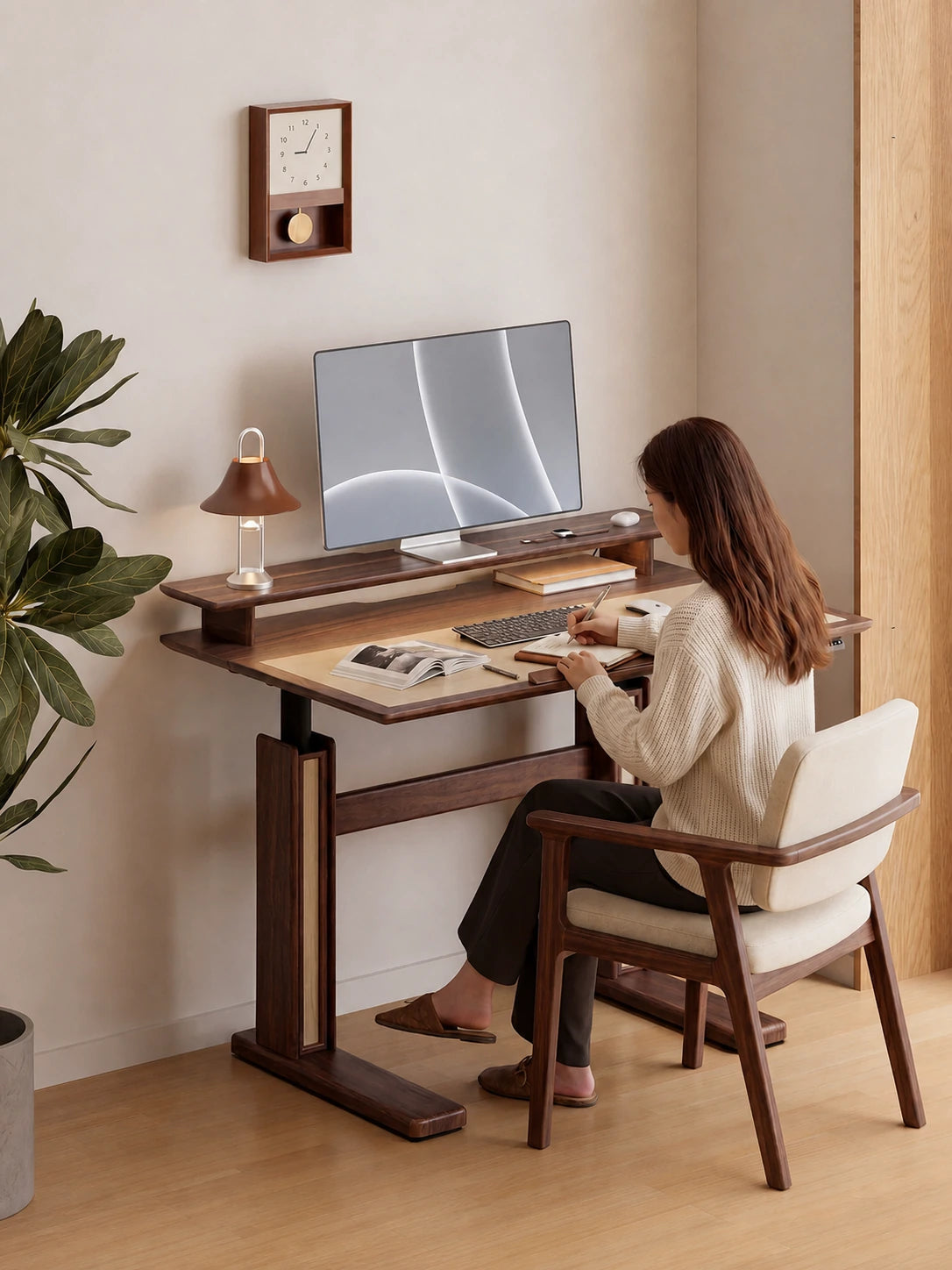 solid wood tilting electric standing desk in a home office
