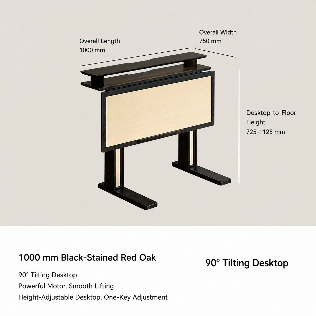 1000 mm black-stained red oak electric standing desk with tilting desktop