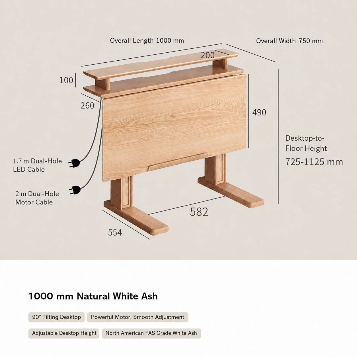 1000 mm natural white ash electric standing desk with tilting desktop