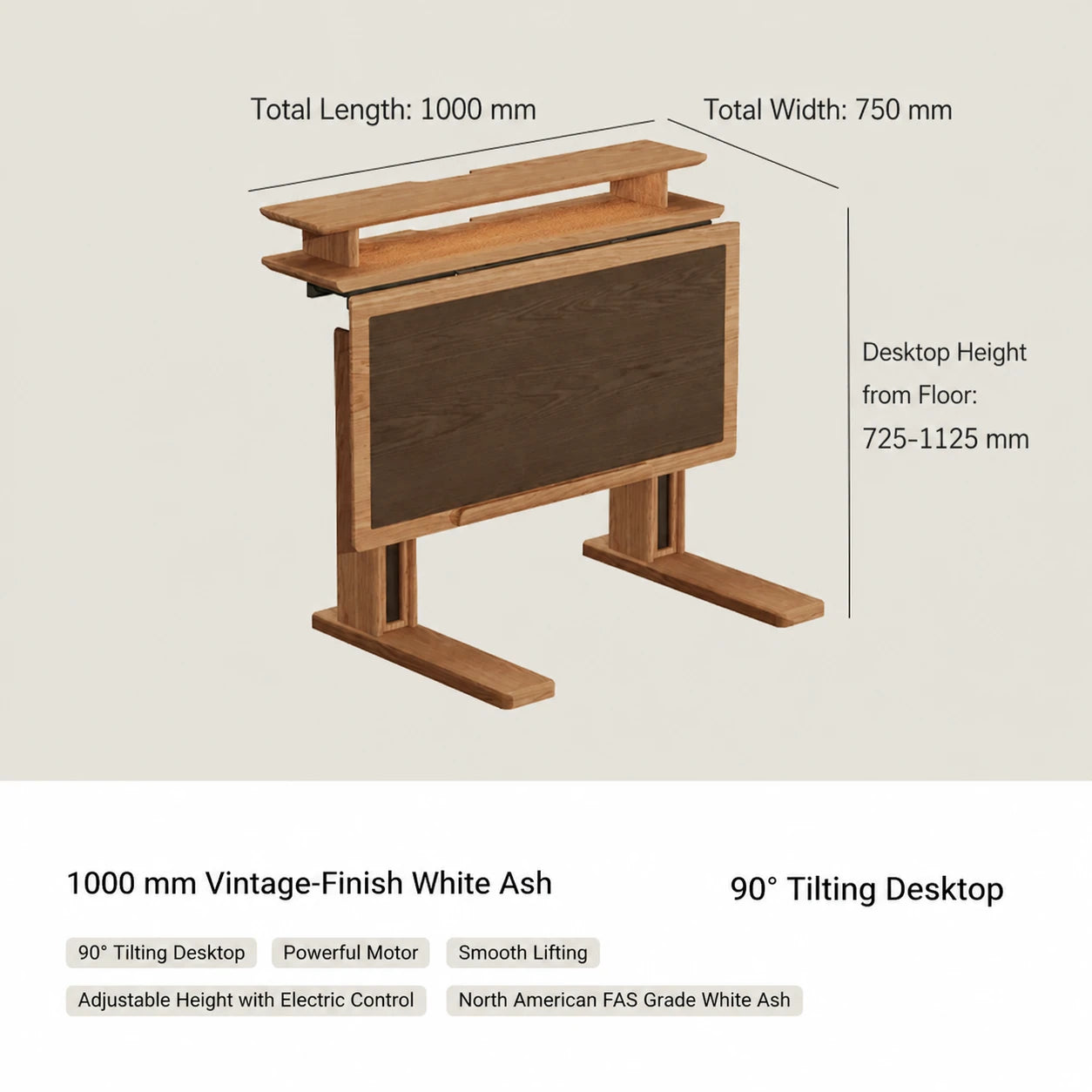 1000 mm vintage-finish white ash electric standing desk with tilting desktop