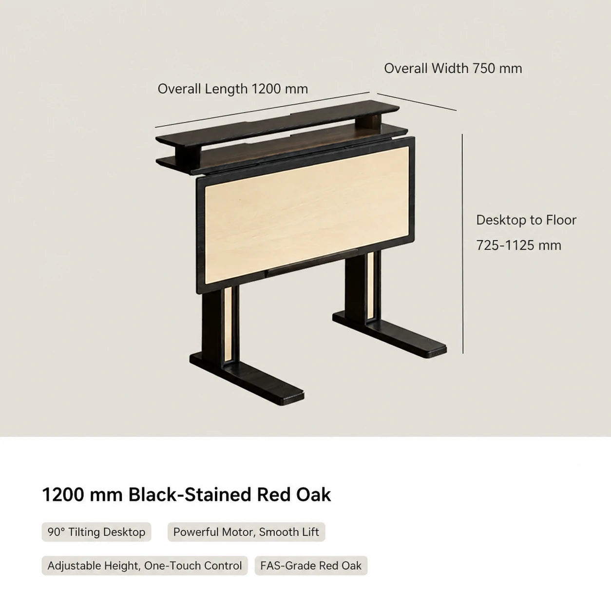 1200 mm black-stained red oak electric standing desk with tilting desktop
