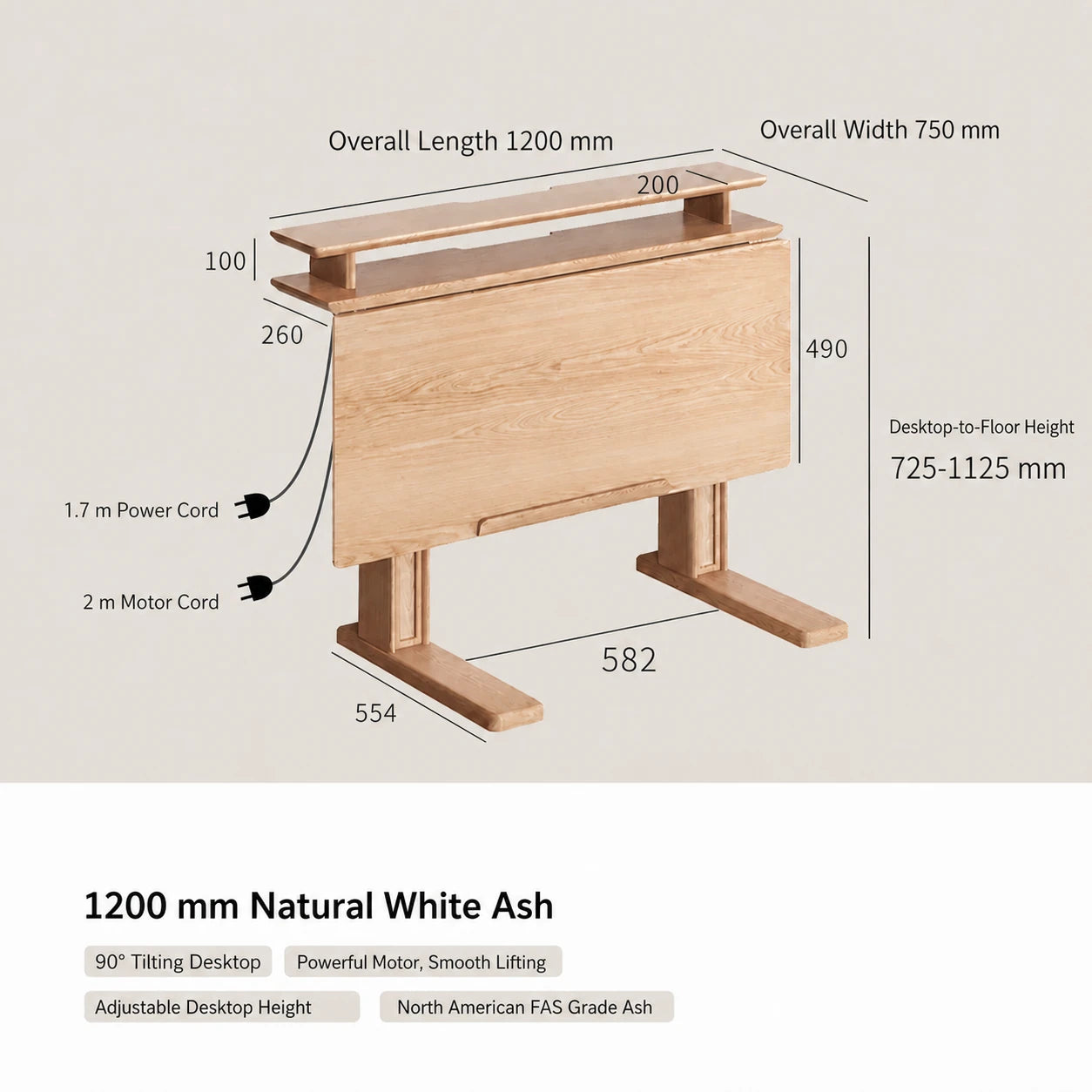 1200 mm natural white ash electric standing desk with tilting desktop