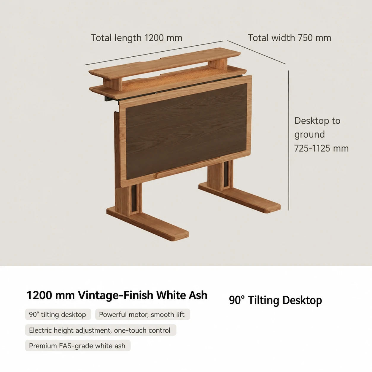1200 mm vintage-finish white ash electric standing desk with tilting desktop