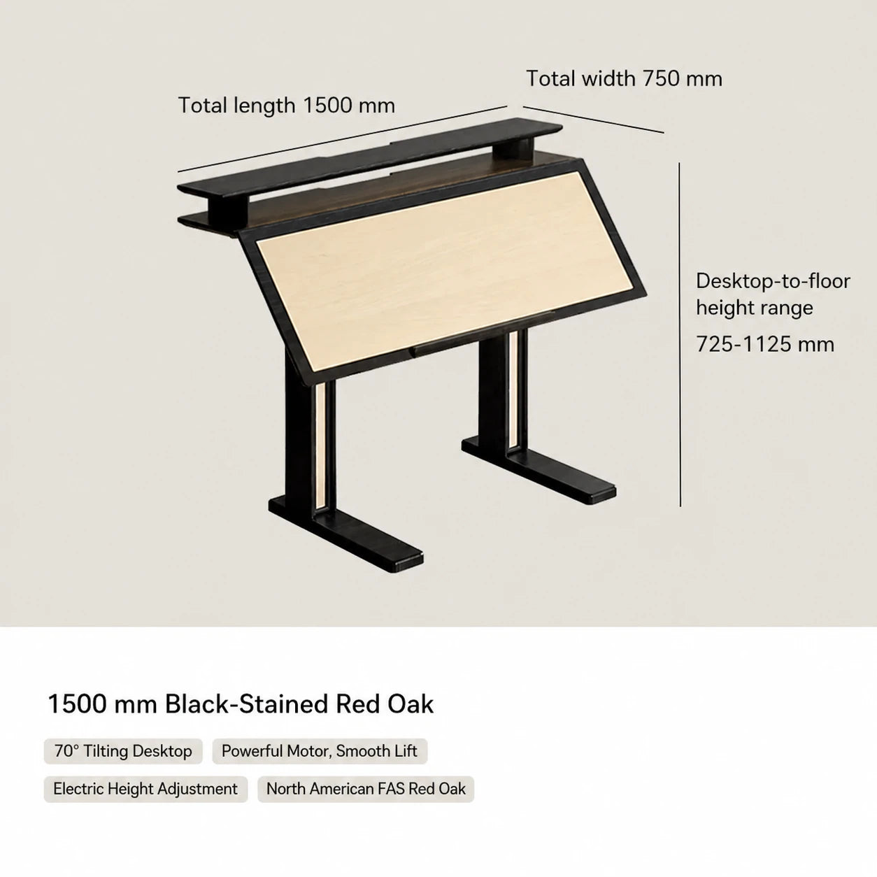 1500 mm black-stained red oak electric standing desk with 70 degree tilting desktop