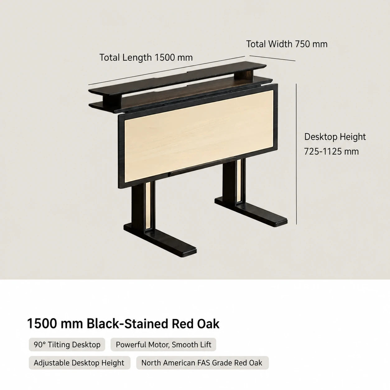 1500 mm black-stained red oak electric standing desk with tilting desktop