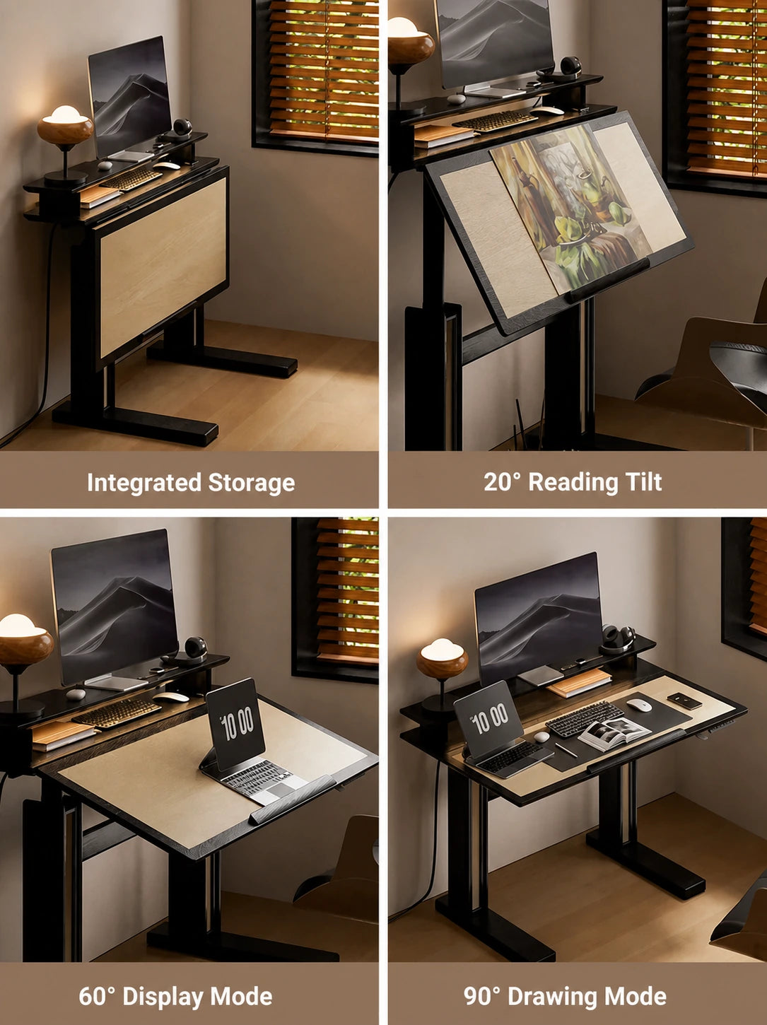 tilting electric standing desk in reading display and drawing modes