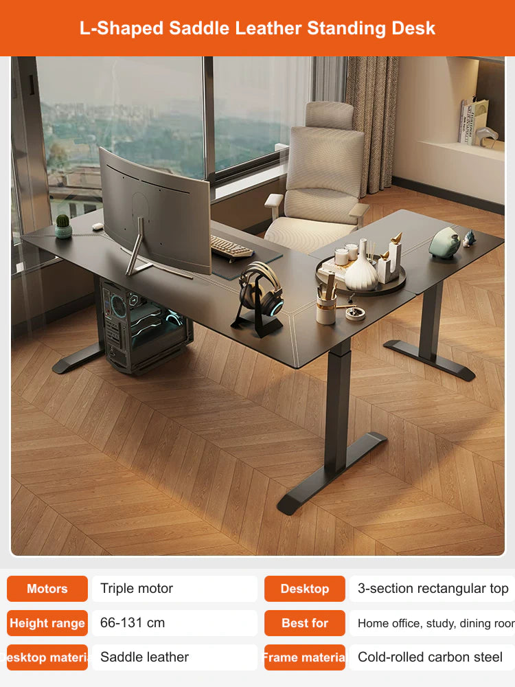 black saddle leather L-shaped electric standing desk with triple motors