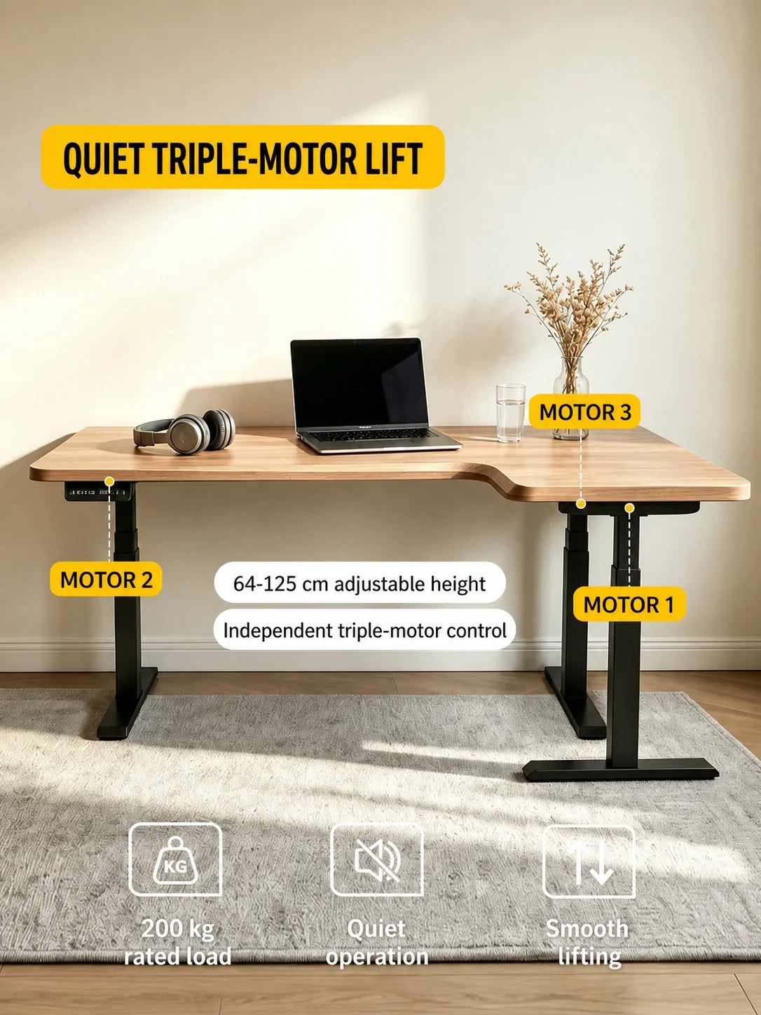 Complete triple-motor lift system on a white ash L-shaped electric standing desk