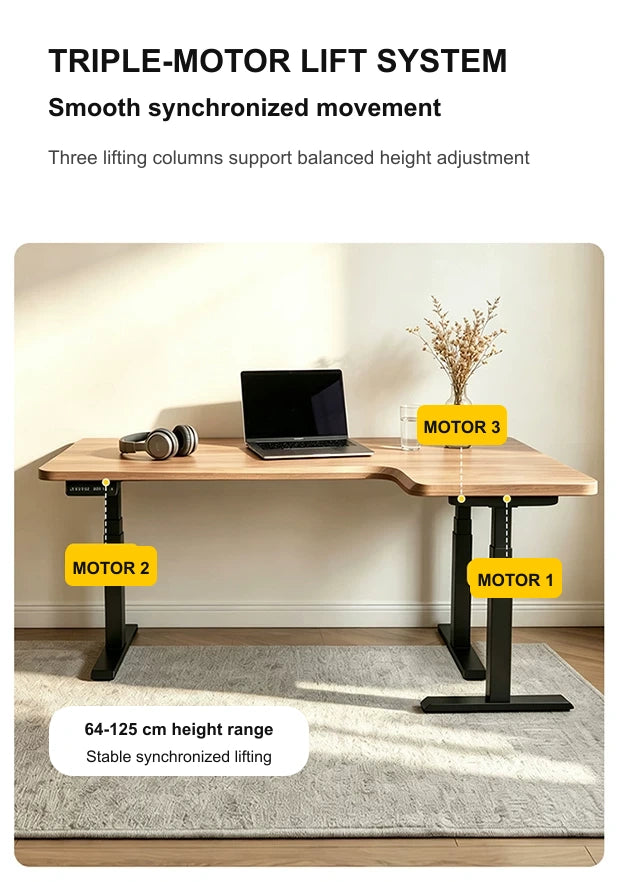 Triple-motor L-shaped electric standing desk with three synchronized lifting columns