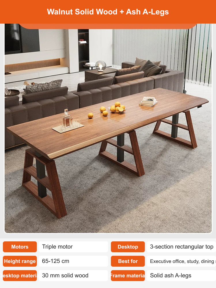 classic walnut solid wood L-shaped standing desk with ash A-legs