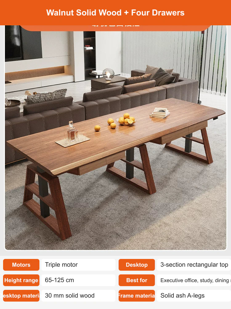 flagship walnut L-shaped standing desk with four drawers and triple motors