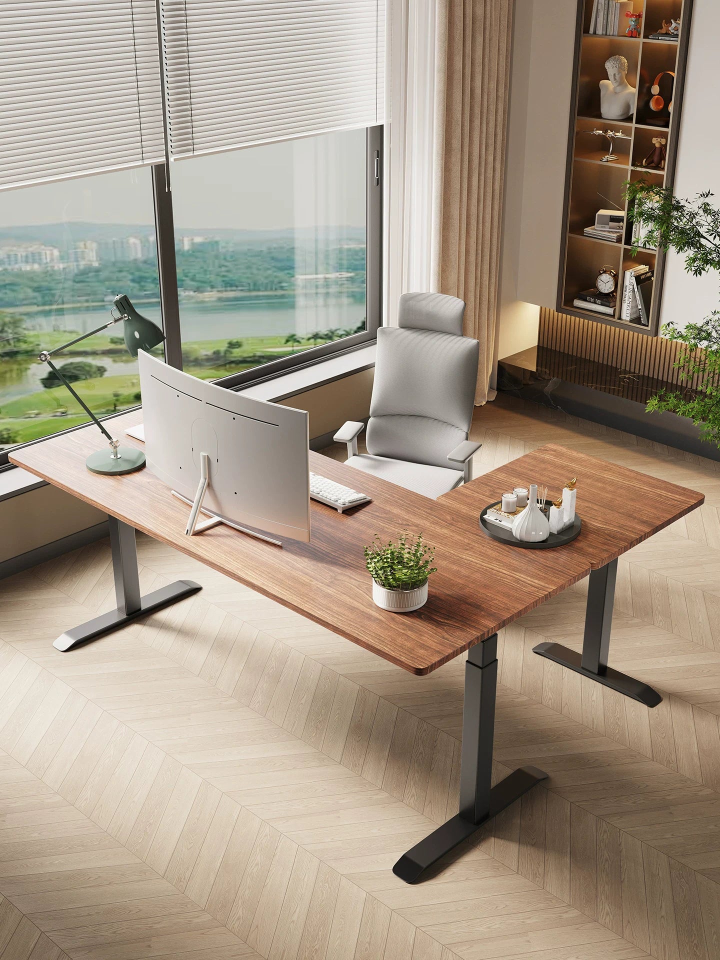 triple-motor walnut L-shaped standing desk in an executive office