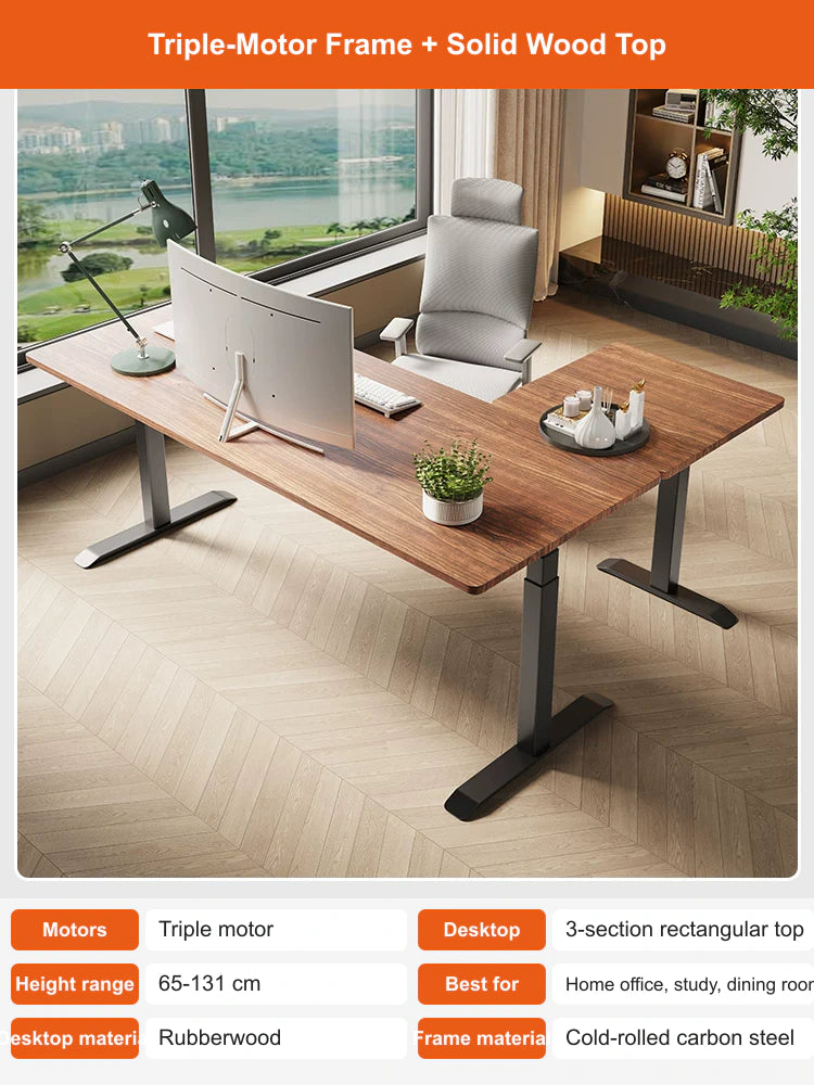 black walnut rubberwood L-shaped standing desk with triple motors