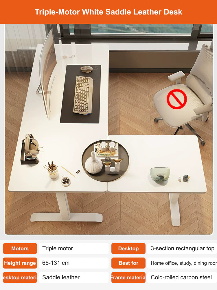 white saddle leather L-shaped electric standing desk with triple motors