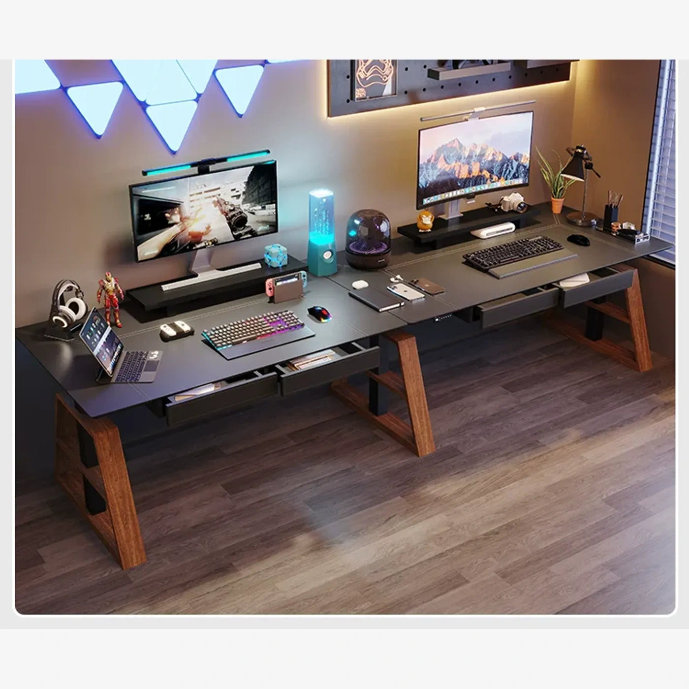 two-person standing desk with ash A-legs and four drawers