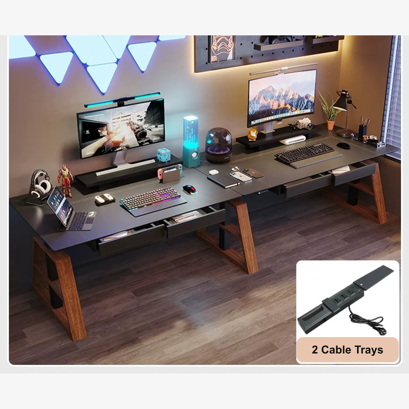 wide electric standing desk with power strip, ash A-legs, and drawers