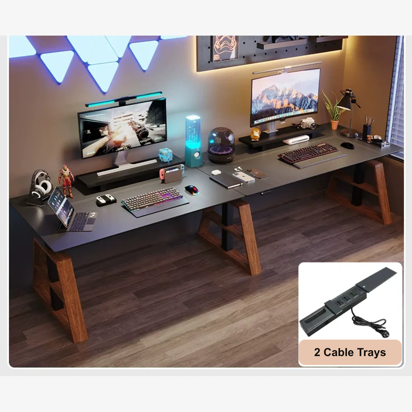 black saddle leather standing desk with power strip and ash A-legs