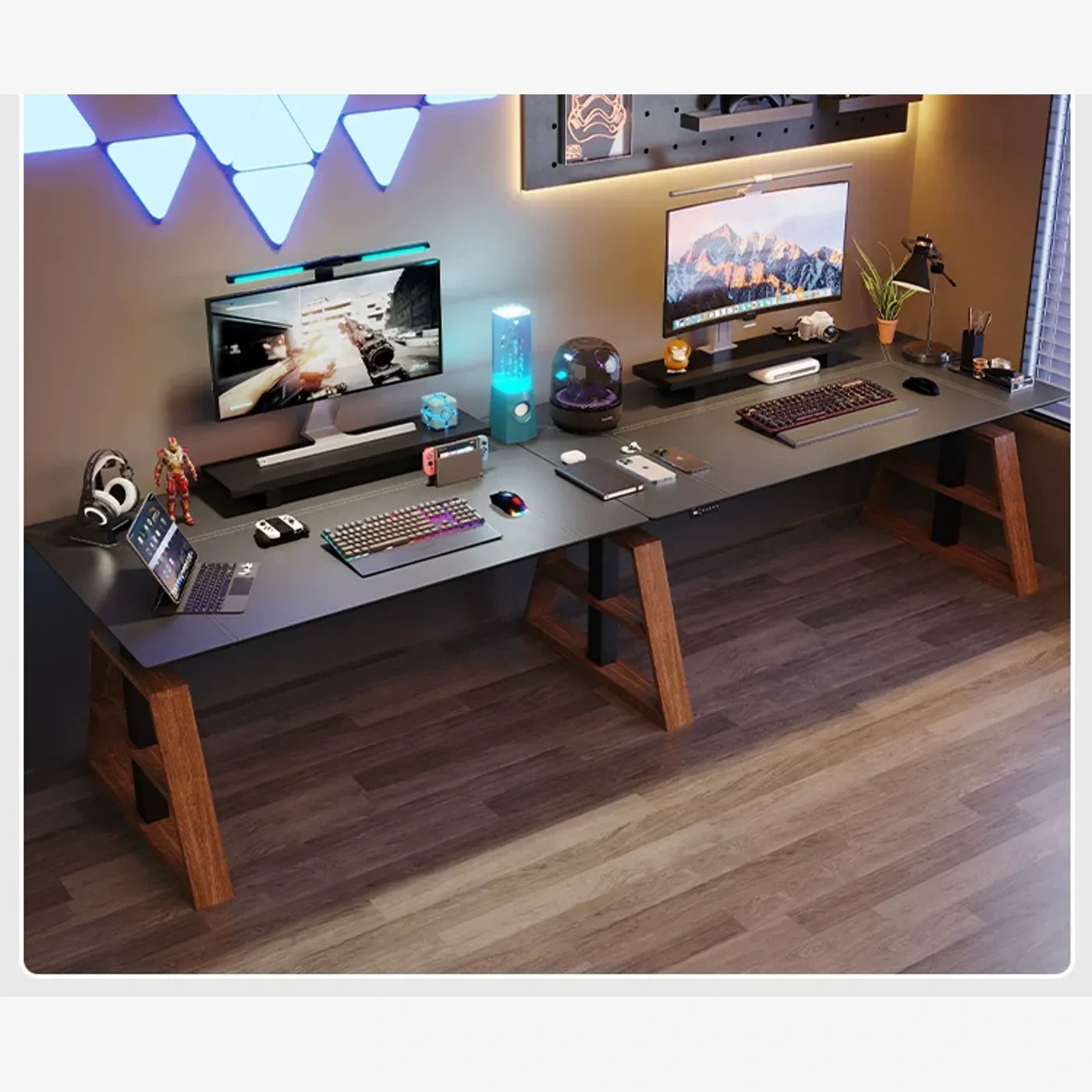 black saddle leather two-person standing desk with solid ash A-legs