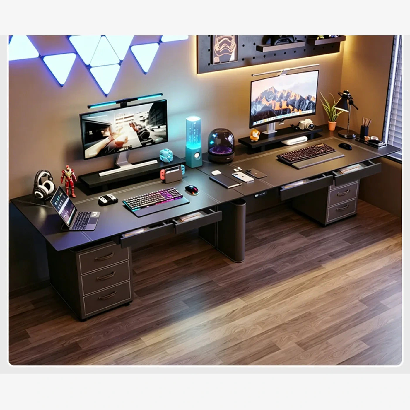 two-person desk with dual cabinets and four drawers