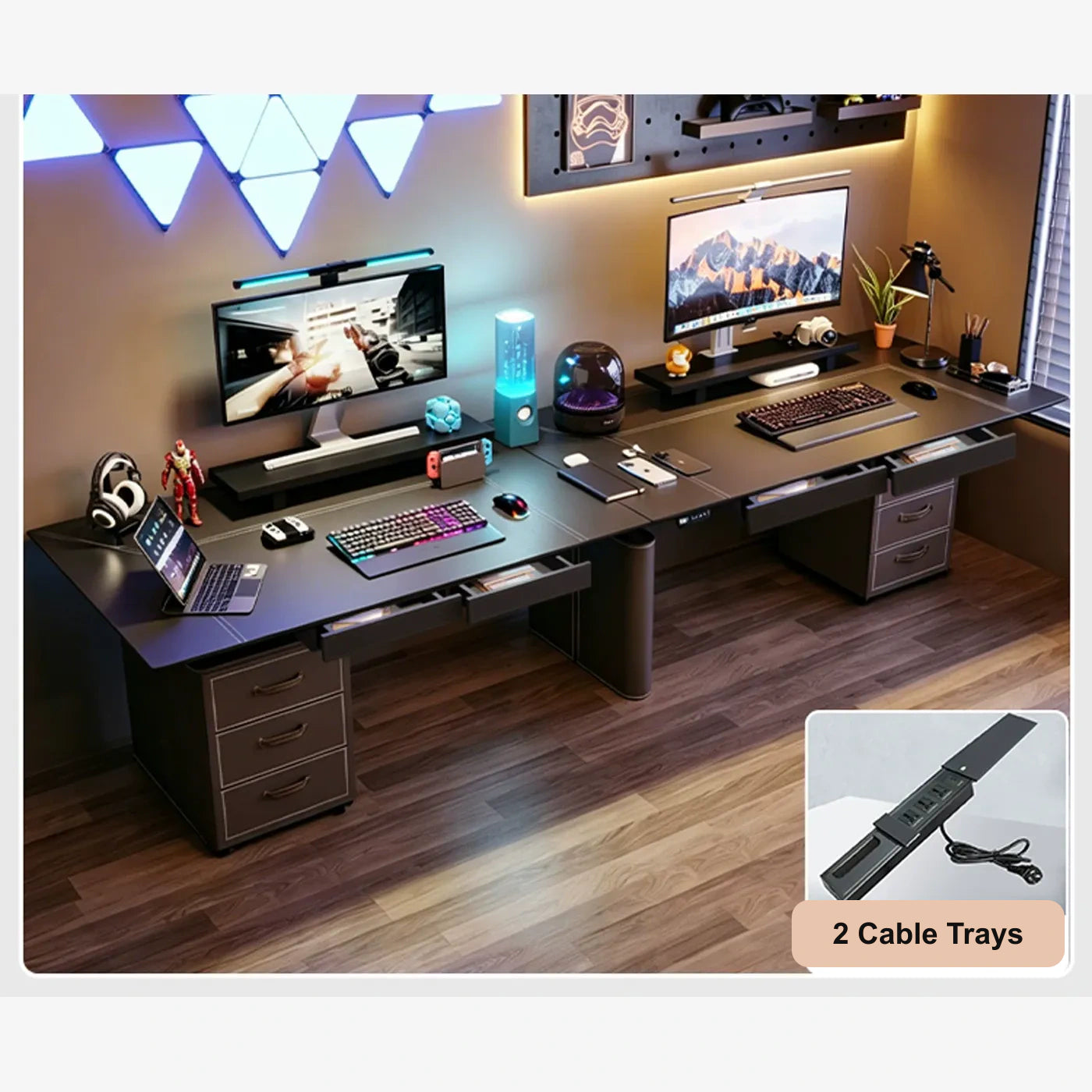 wide electric desk with dual cabinets, power strip, and drawers