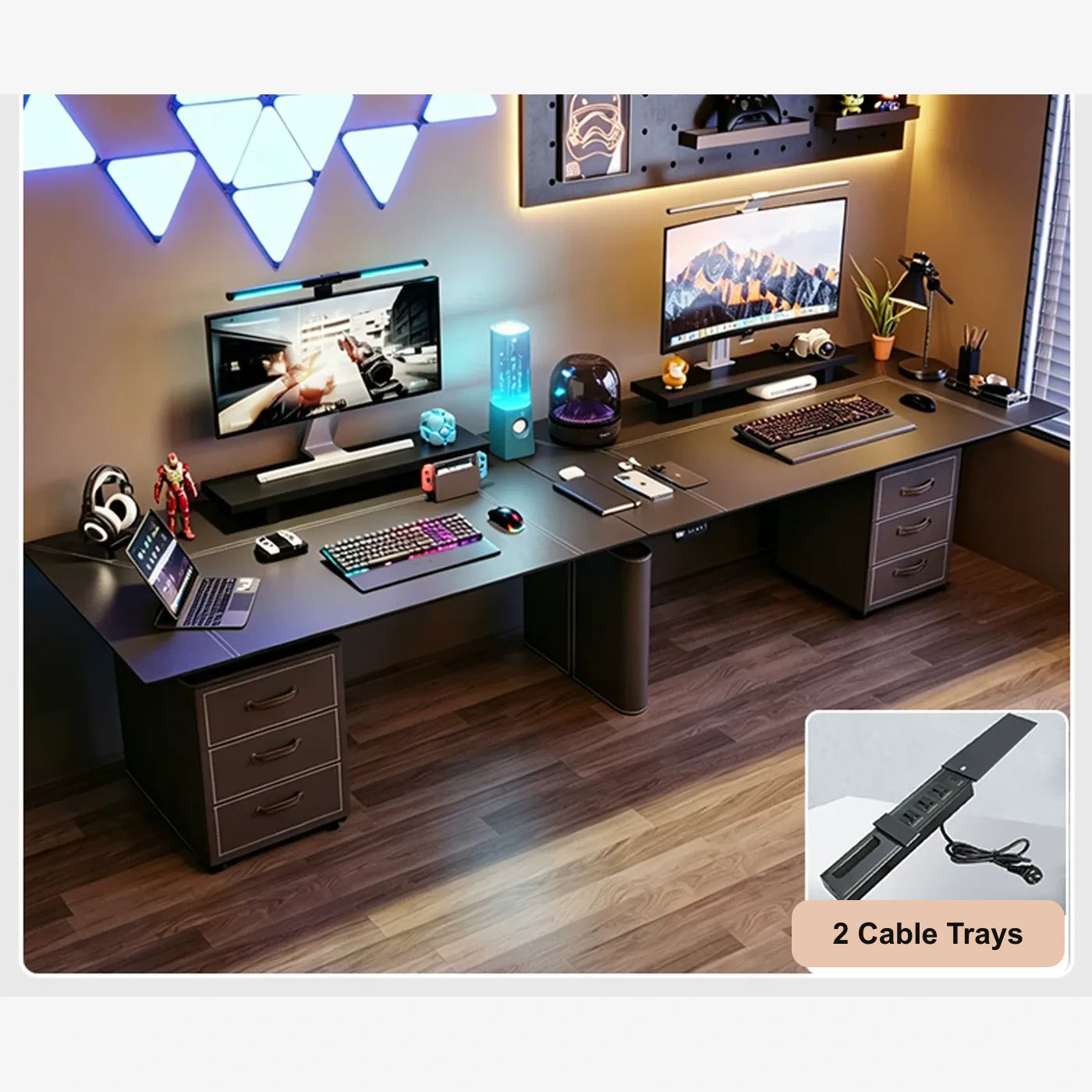 wide standing desk with dual cabinets and power strip