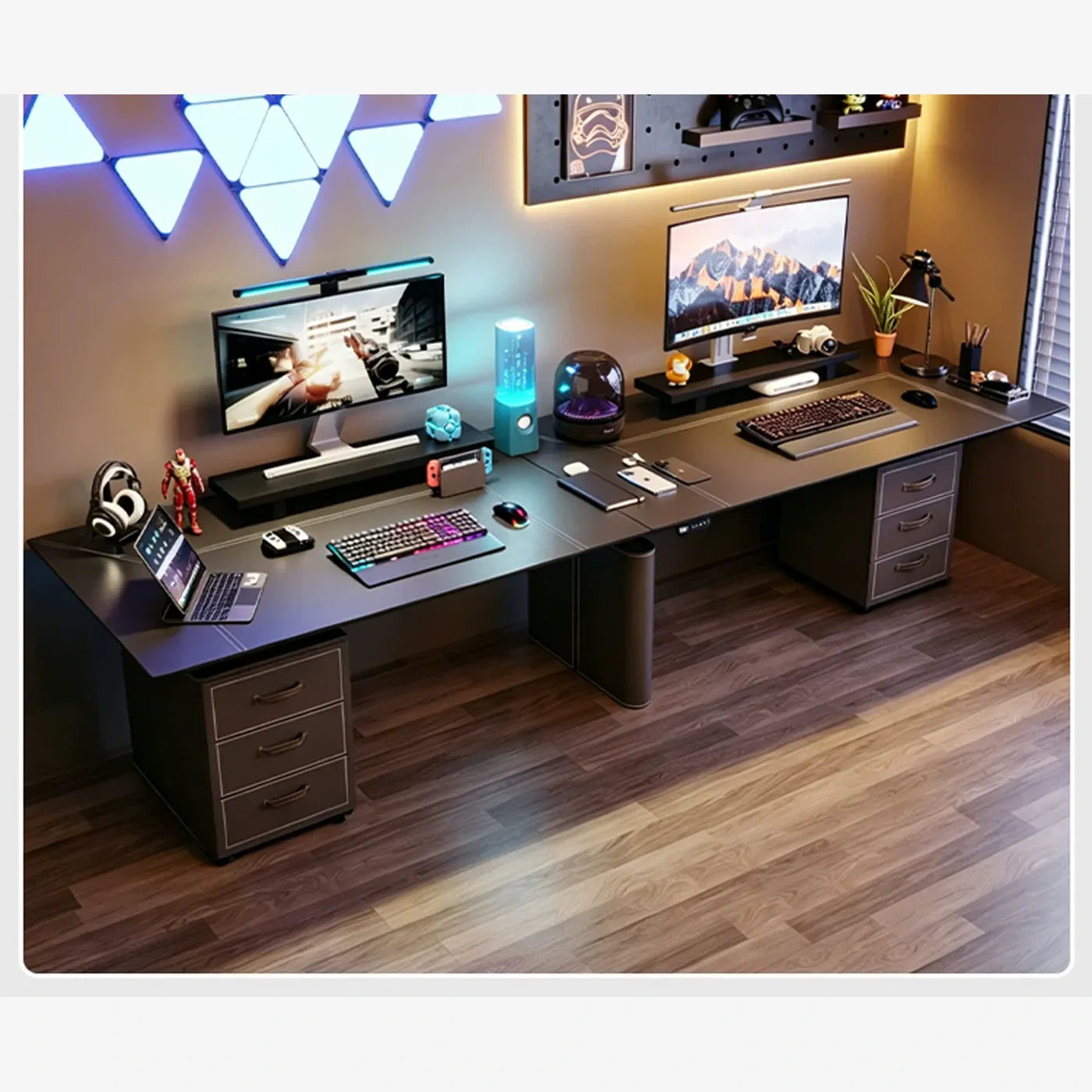 two-person standing desk with dual side cabinets