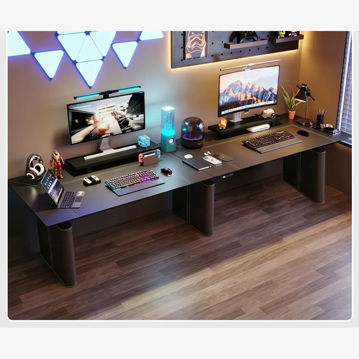 black saddle leather triple-motor desk with padded guard legs