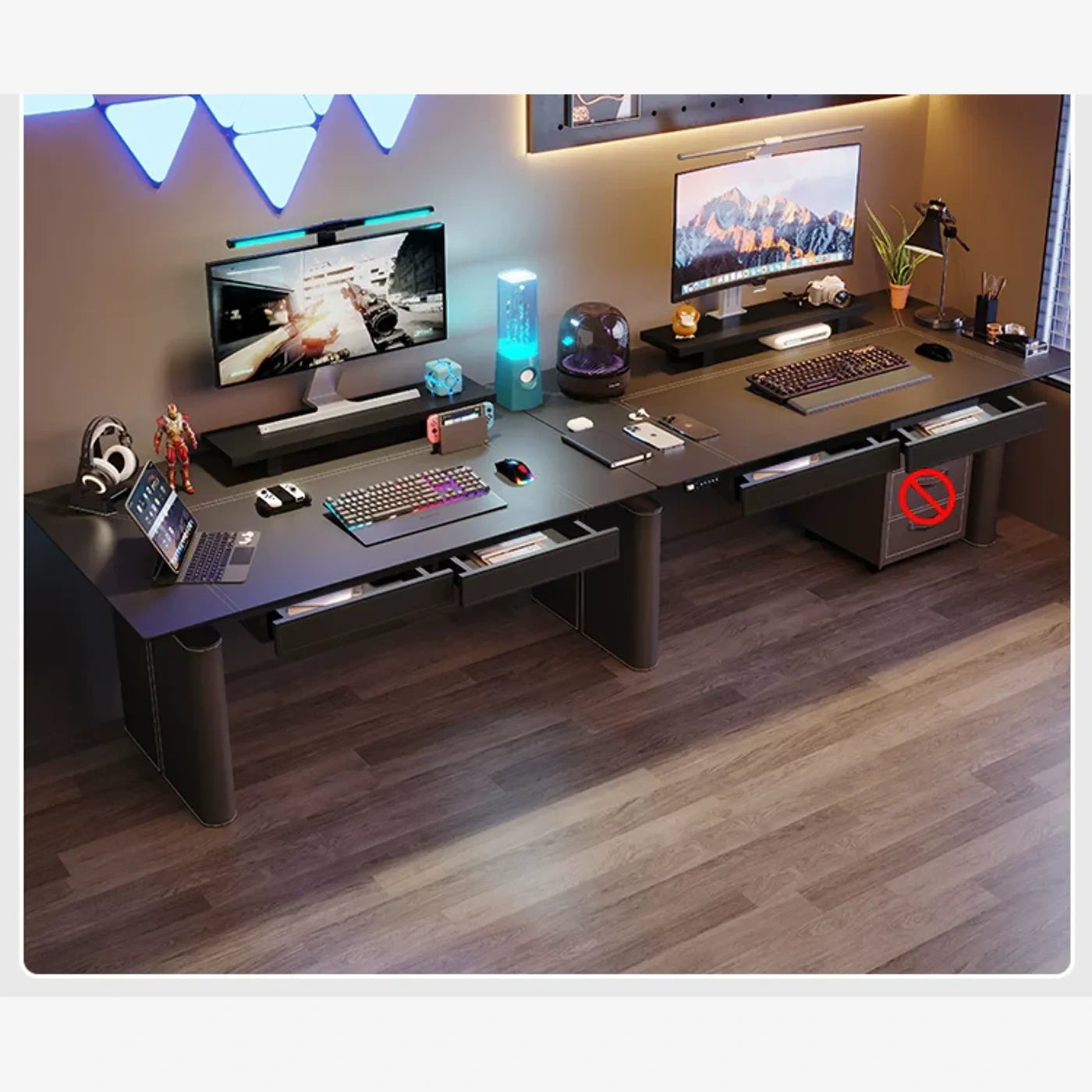 wide standing desk with padded guard legs and four drawers