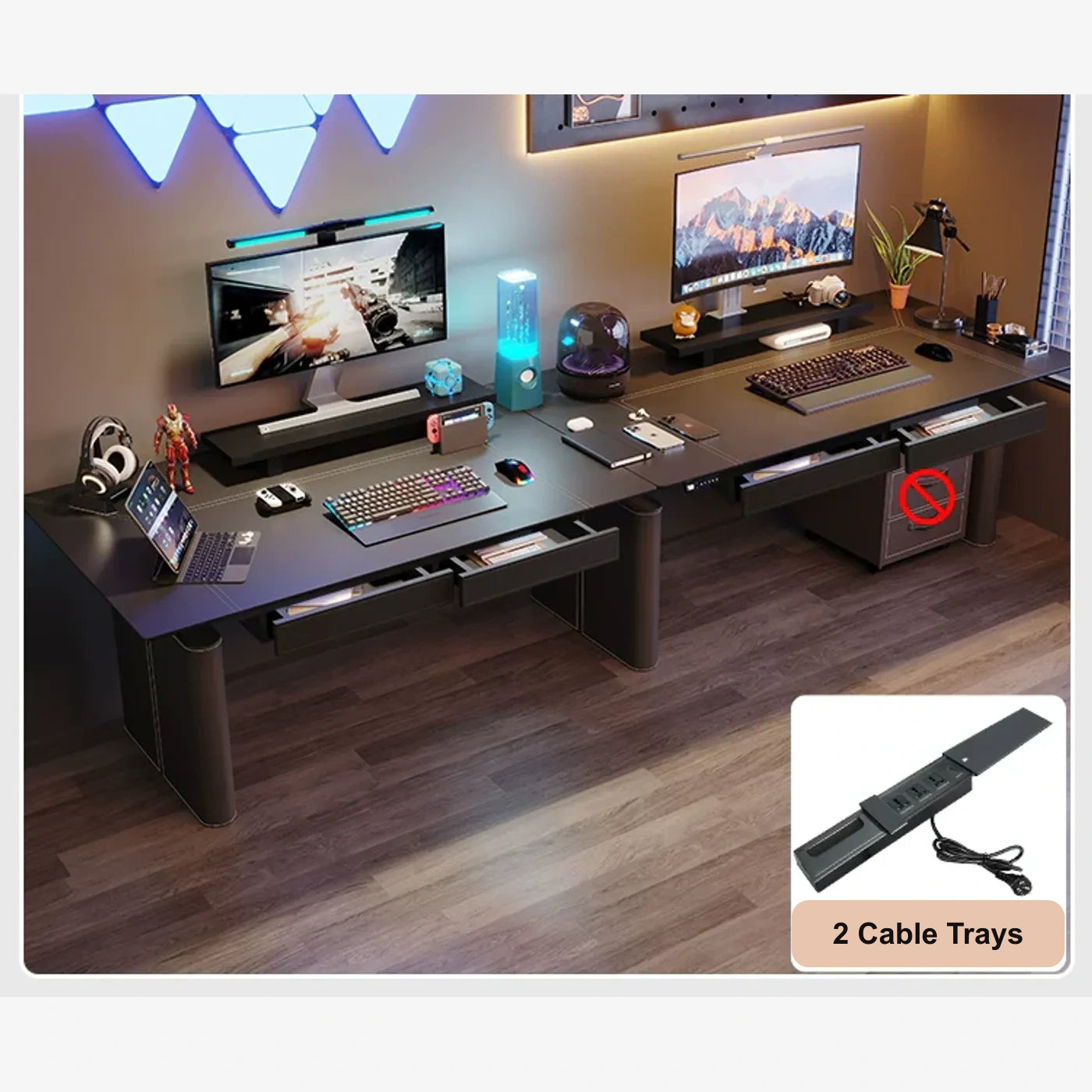 black saddle leather desk with power strip, guard legs, and drawers