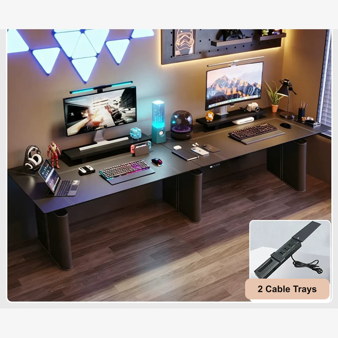 triple-motor standing desk with power strip and padded guard legs