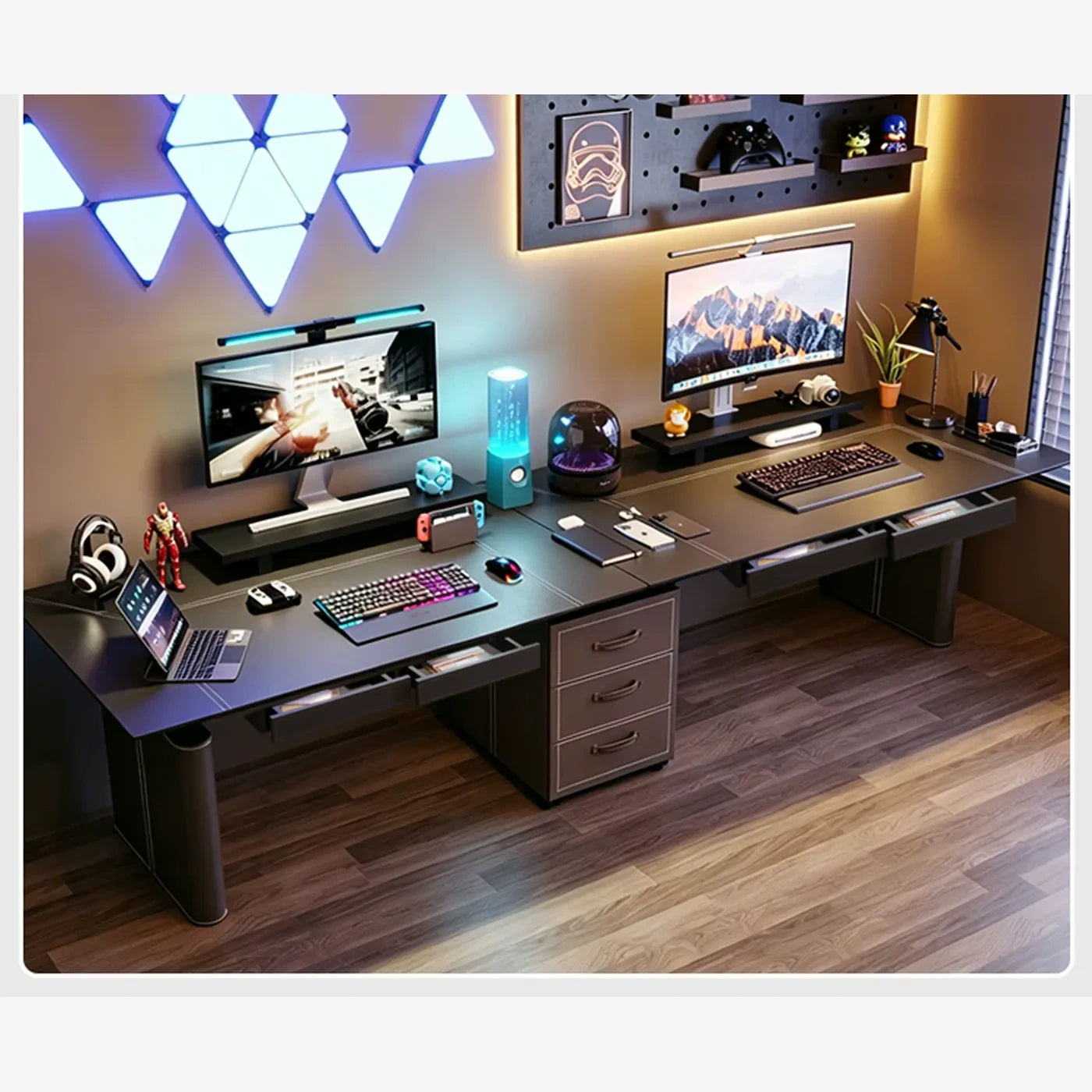 wide standing desk with single side cabinet and four drawers