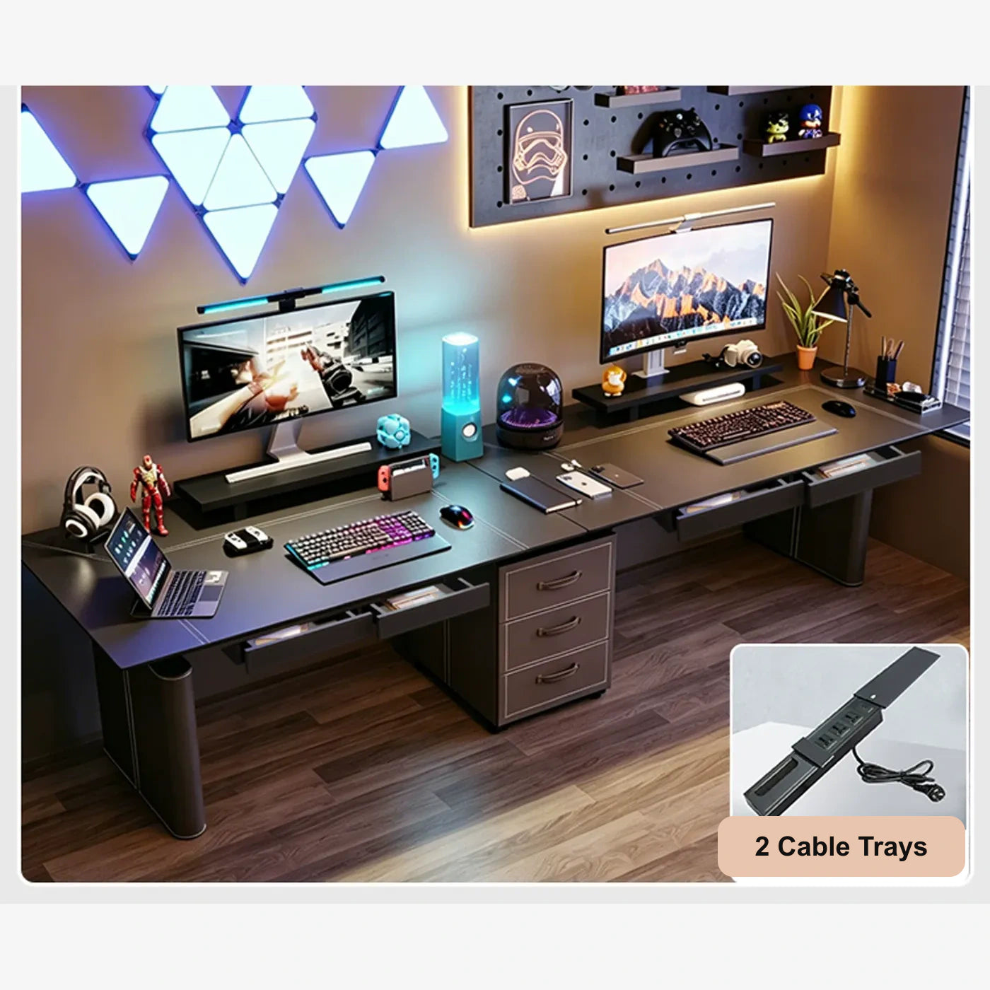 standing desk with single cabinet, power strip, and four drawers