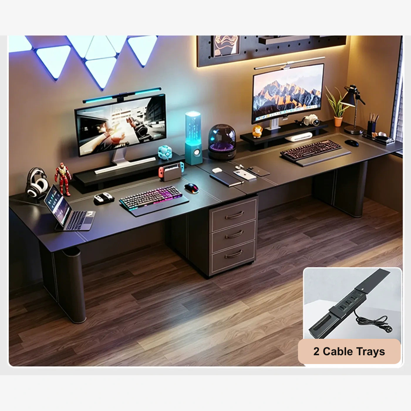 two-person standing desk with single cabinet and power strip